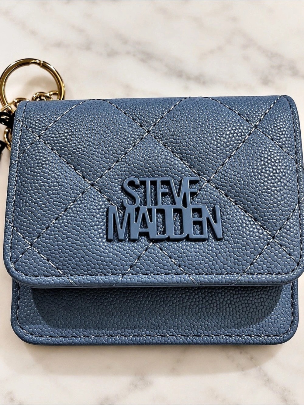 Steve Madden Quilted Card Case Keychain Blue Wallet NWT - Picture 2 of 6